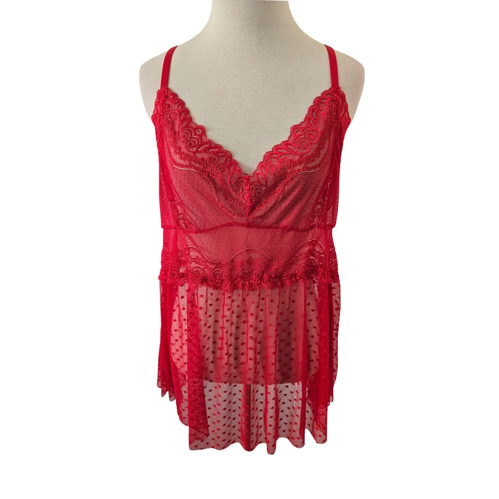 Fashion Nova Red Lace Polka Dot Mesh Babydoll Chemise Lingerie Womens 1X